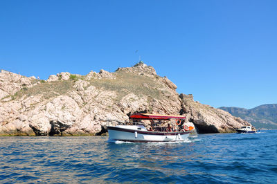 Scenic view of sea against clear blue sky
