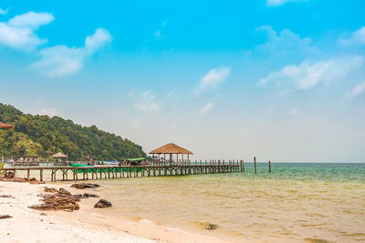 Scenic view of beach by sea against sky