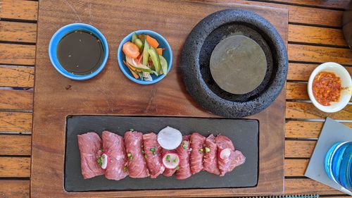 High angle view of food on table