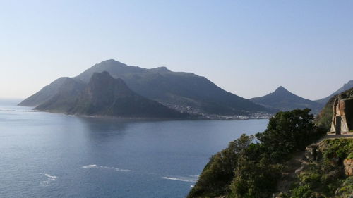 Scenic view of lake and mountains against clear sky