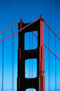 Low angle view of suspension bridge against blue sky