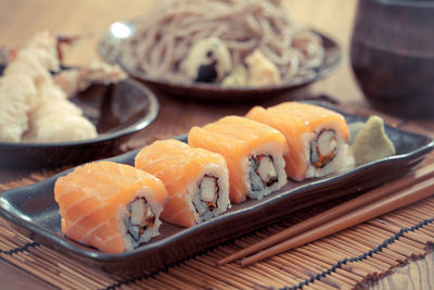 Close-up of sushi served on table