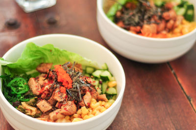 Close-up of meal served in bowl on table