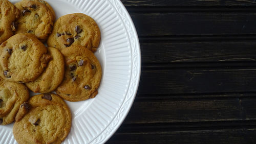 High angle view of cookies in plate on table