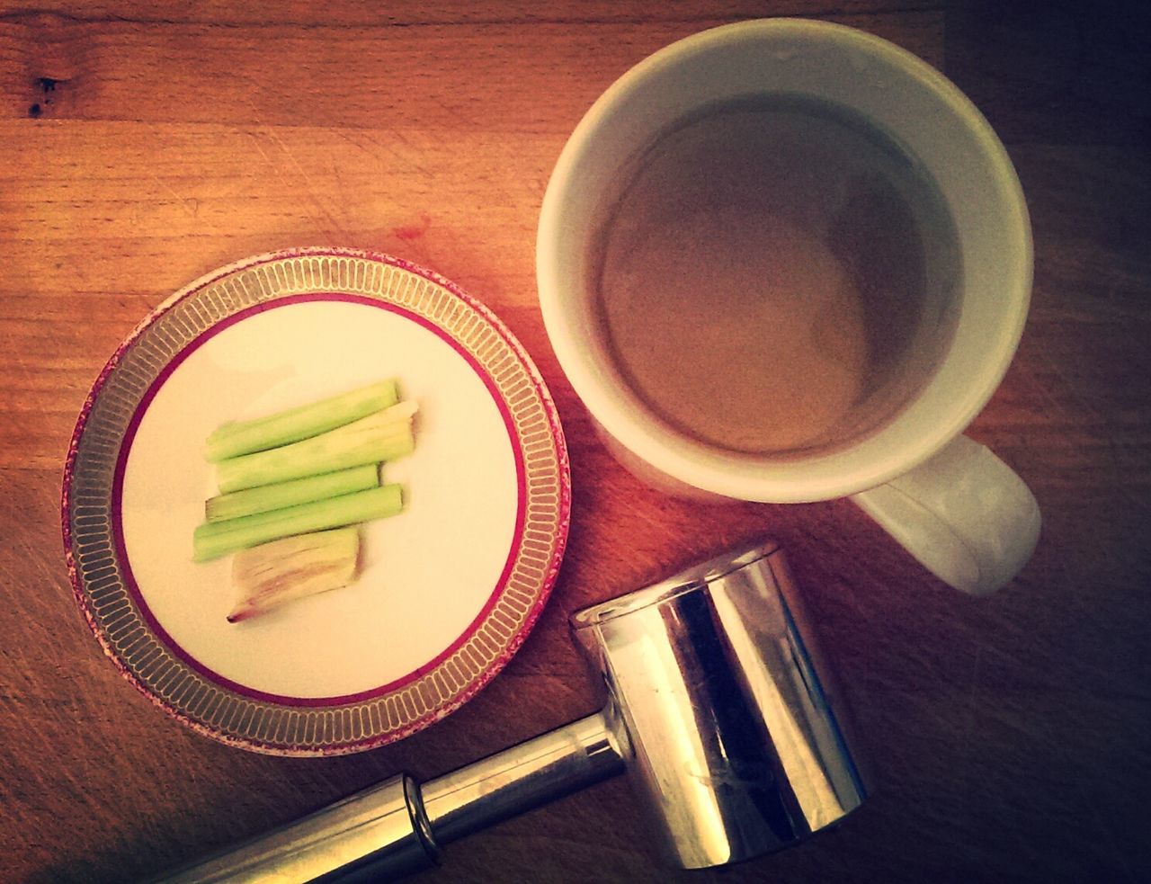 indoors, table, food and drink, still life, freshness, high angle view, plate, food, drink, directly above, wood - material, coffee cup, refreshment, spoon, healthy eating, coffee - drink, saucer, ready-to-eat, bowl, fork