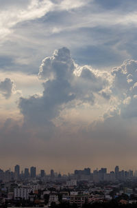 Aerial view of buildings in city against sky