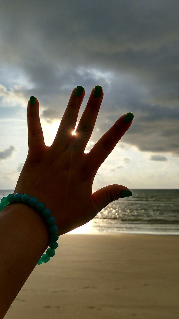 sea, beach, sky, horizon over water, cloud - sky, sand, shore, water, person, cloud, beauty in nature, scenics, cloudy, part of, nature, vacations, tranquility