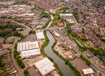 High angle view of street amidst buildings in city