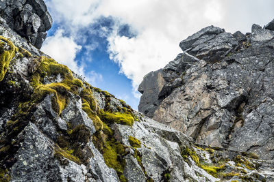 Low angle view of rocky mountains against sky