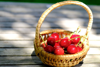 Close-up of cherries in basket. 