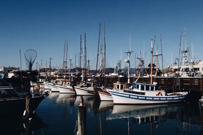 Sailboats moored at harbor against sky