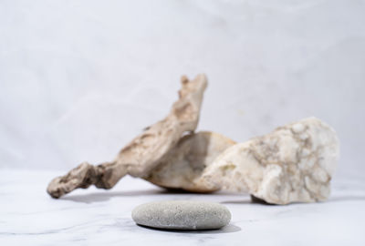 A minimalistic scene of a podium with wood and stones on white background. round white catwalk