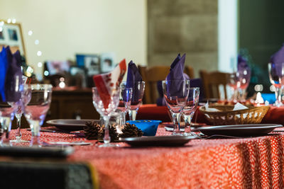 Wine glasses on table in home