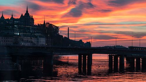 Bridge over river against buildings during sunset