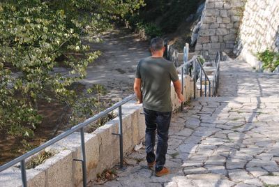 Rear view of man walking on staircase