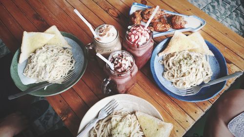 High angle view of breakfast served on table