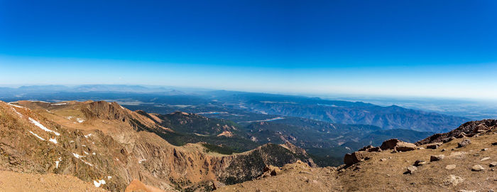 Panoramic view of mountain range against blue sky