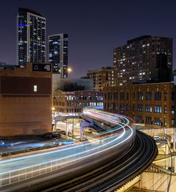 High angle view of train light trails