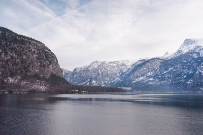 Scenic view of lake and snowcapped mountains against sky