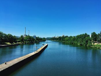 Scenic view of river against clear blue sky