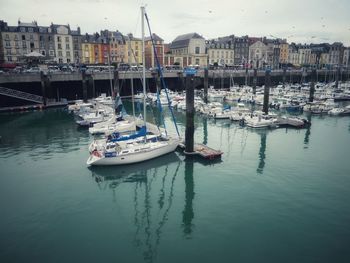 Boats moored in harbor