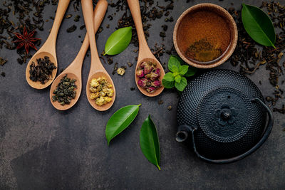 High angle view of leaves and vegetables on table