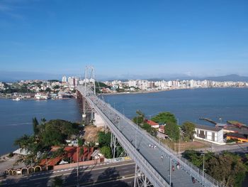 High angle view of bridge over sea against buildings in city