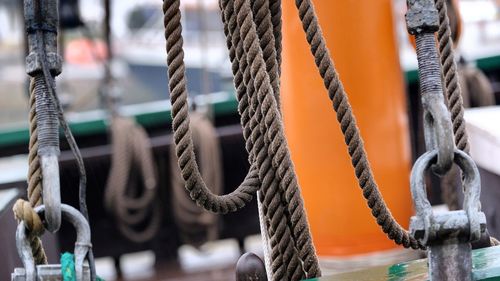 Close-up of ropes hanging on nautical vessel