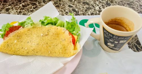 High angle view of breakfast served on table