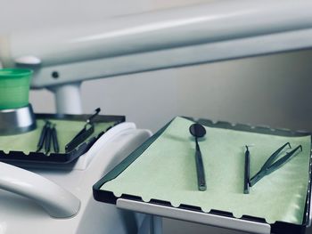 High angle view of dental equipment