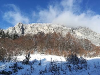 Snow covered land and mountains against sky