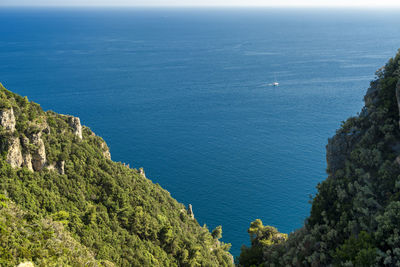 High angle view of sea and mountains