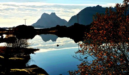 Scenic view of lake against cloudy sky