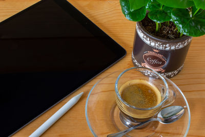 High angle view of coffee on table