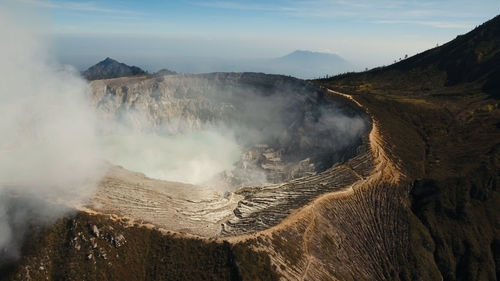 Smoke emitting from volcanic landscape against sky