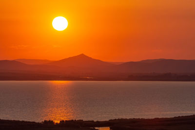 Scenic view of sea against romantic sky at sunset