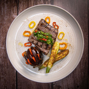 High angle view of food in plate on table