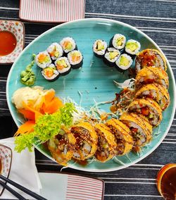 High angle view of food in plate on table