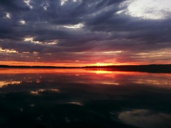 Scenic view of lake against cloudy sky