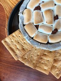 High angle view of bread in plate on table