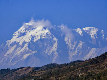 Scenic view of mountains against blue sky