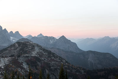 Scenic view of mountains against sky during sunset