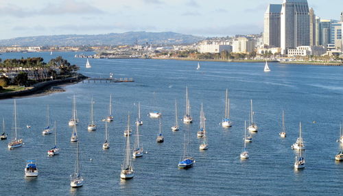 High angle view of sailboats in sea against sky