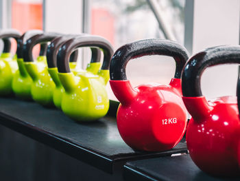 Kettlebells on rack in gym