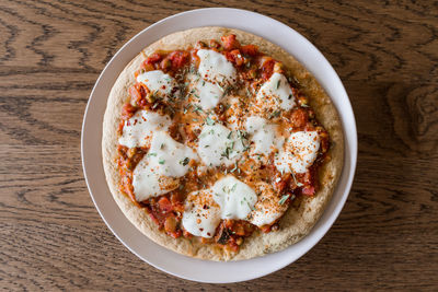 High angle view of food in plate on table