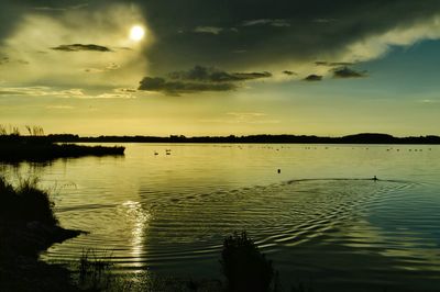 Scenic view of lake at sunset