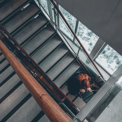 High angle view of people on staircase