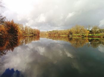 Reflection of trees in lake against sky