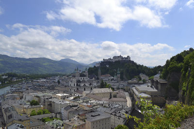 High angle view of buildings in town against sky