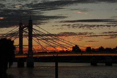 Silhouette of bridge over river at sunset